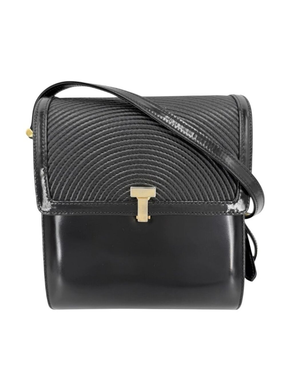 Tiffany & Co Shoulder Bag T Clip Pochette Crossbody Leather Patent Black Gold